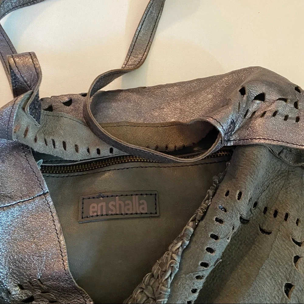 en shalla Metallic Pewter Woven Leather Tote Bag